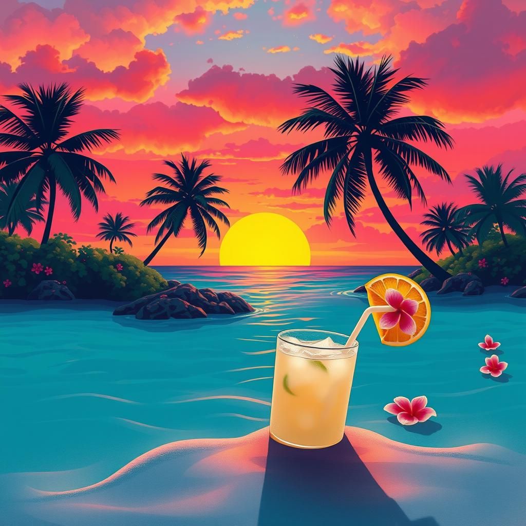 beach with palm trees flowers and a white blended pina colad...