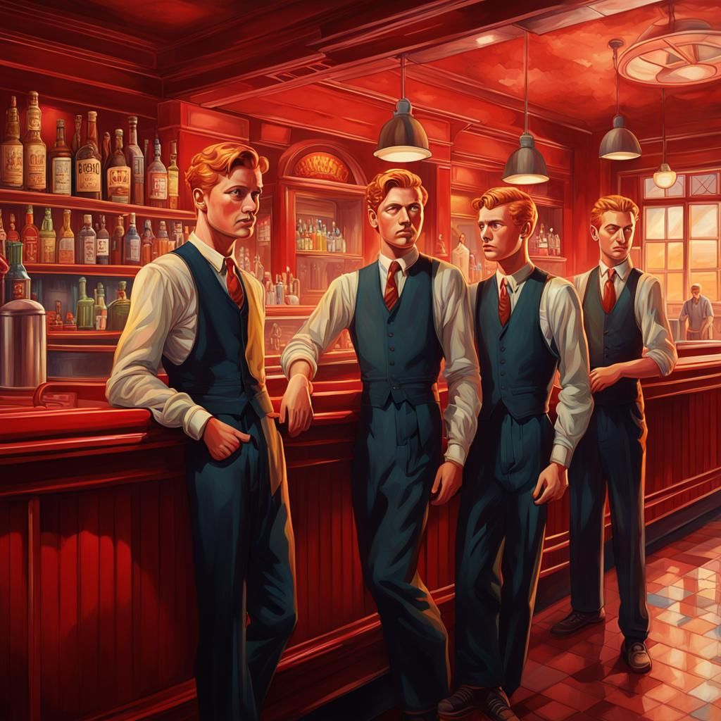 1930s Ginger-Haired Men in Red Bar, Hyperrealistic Art