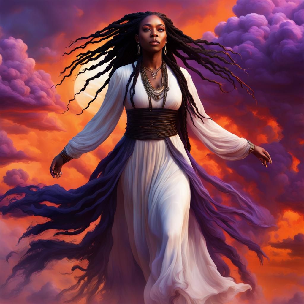 Black Woman Angel Flying Through Colorful Clouds