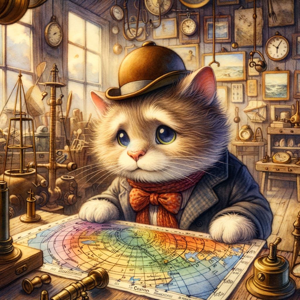 Anthropomorphic Cat Meteorologist in Nostalgic Watercolor At...