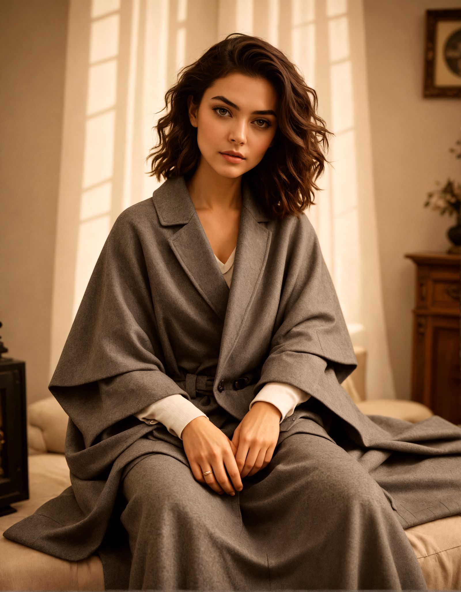 Woman in Cozy Lagenlook Fashion with Vintage Radios