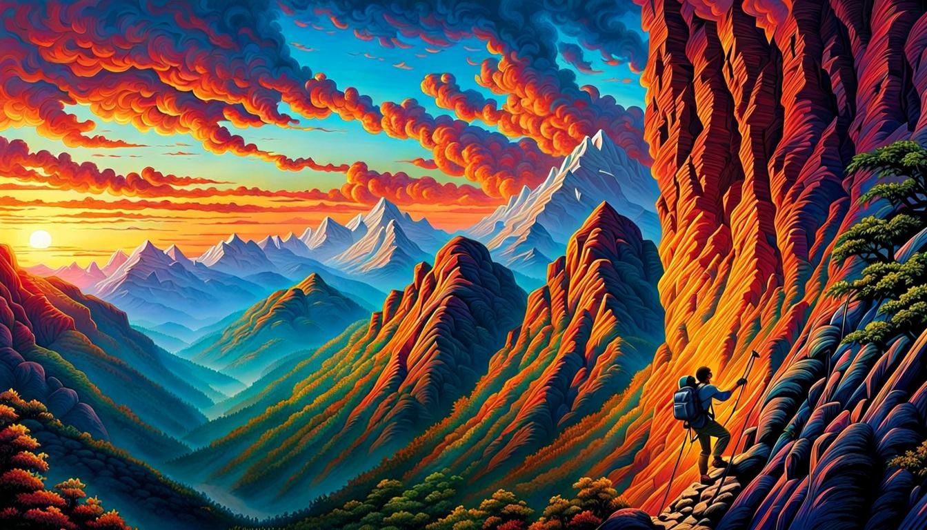 Youth's Mountain Ascent in Vibrant Colors