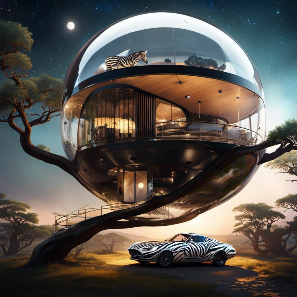 Retrofuturistic Treehouse in a Bottle, Collage Art