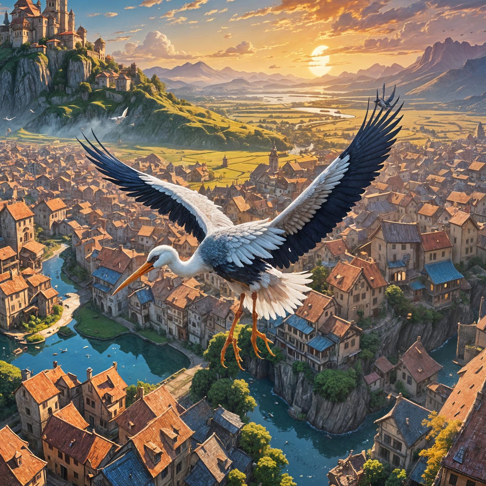 Stork Flying with Baby: Fantasy Concept Art