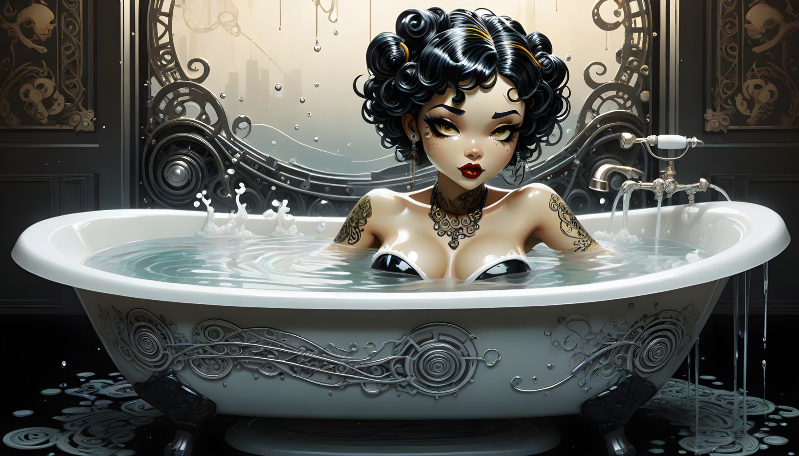 Victorian-Era Sci-Fi Chibi Babe in Claw-Foot Bath Tub