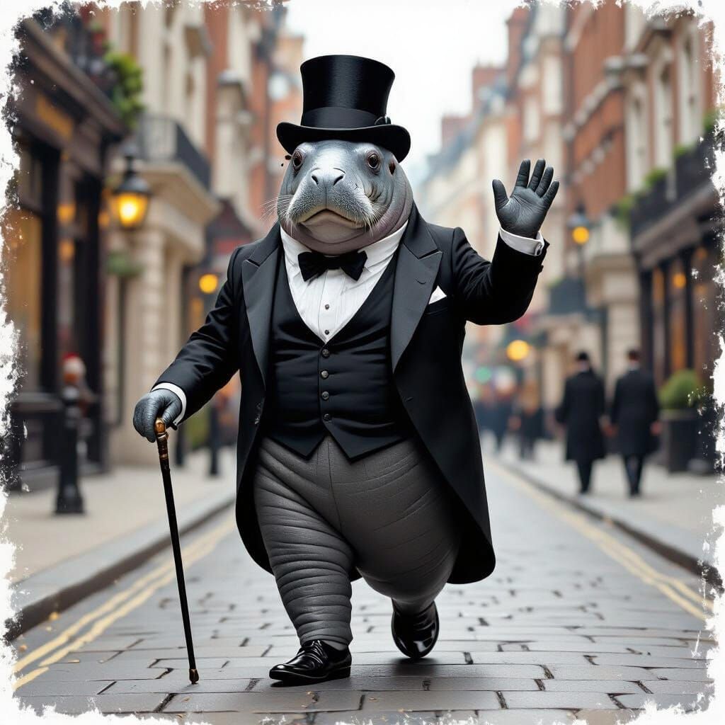 Dapper Manatee in Victorian London Street Scene