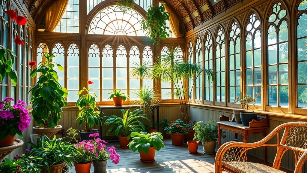 An old fashioned Conservatory with flowers and plant pots , ln no particular order. The Sun is shining in through a larg...