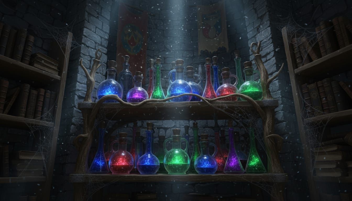 Dimly Lit Alchemy Workshop with Glowing Potions