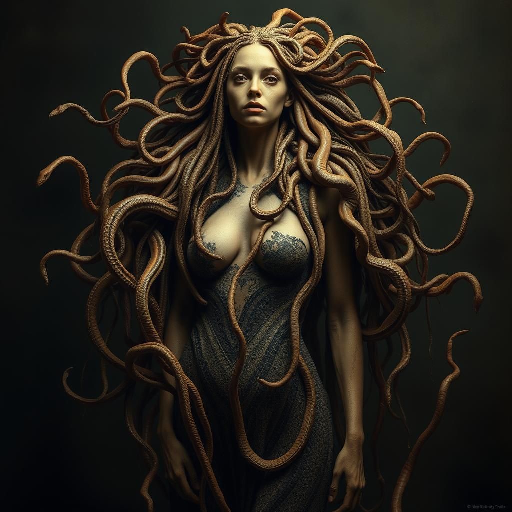 Medusa with Earthworm Hair in Dark Fantasy Style