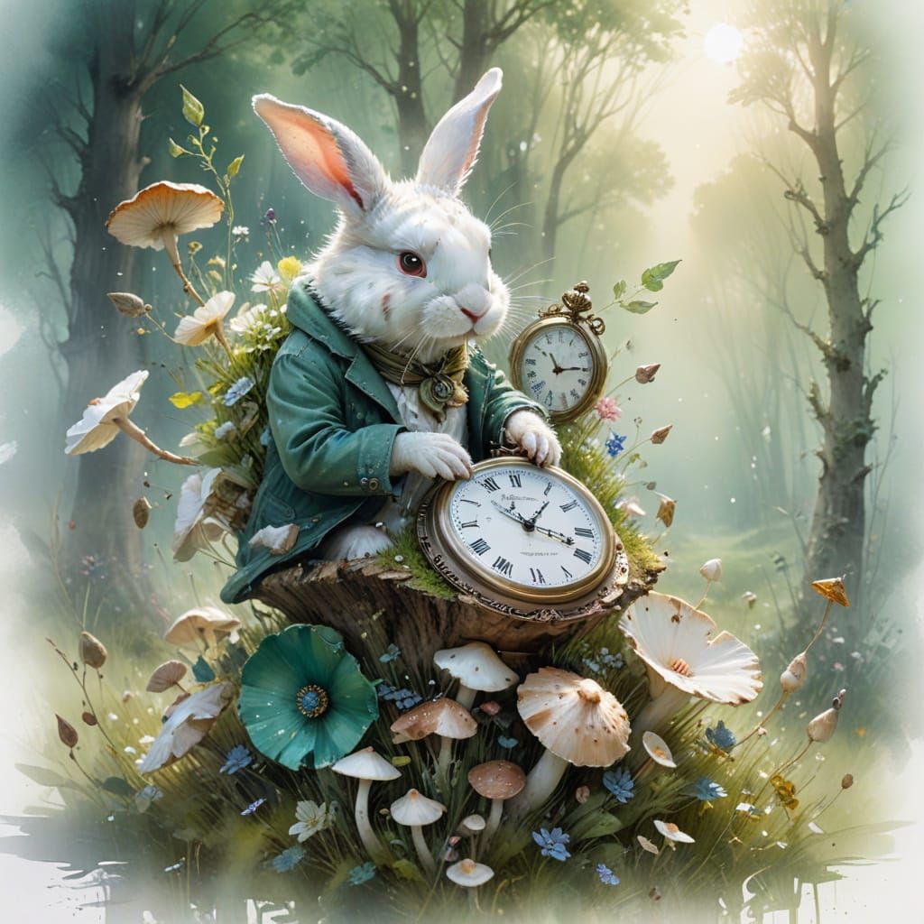 Rabbit with Pocket Watch in Misty Meadow, Watercolour Style