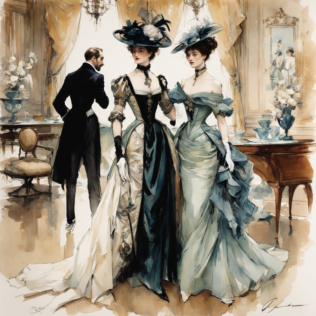 Elegant Figures in 19th-Century Style Watercolor