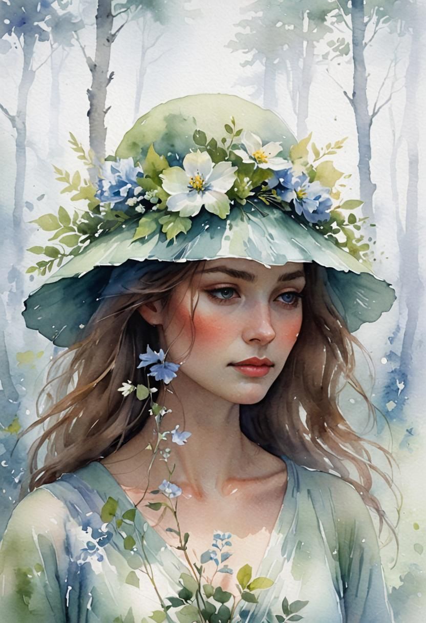 Misty Forest Woman in Watercolor Style