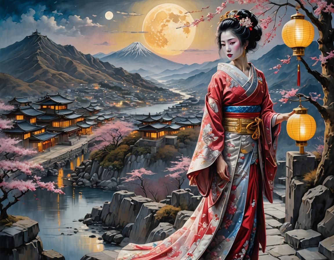 Geisha in Red Dress Overlooking Japanese Village