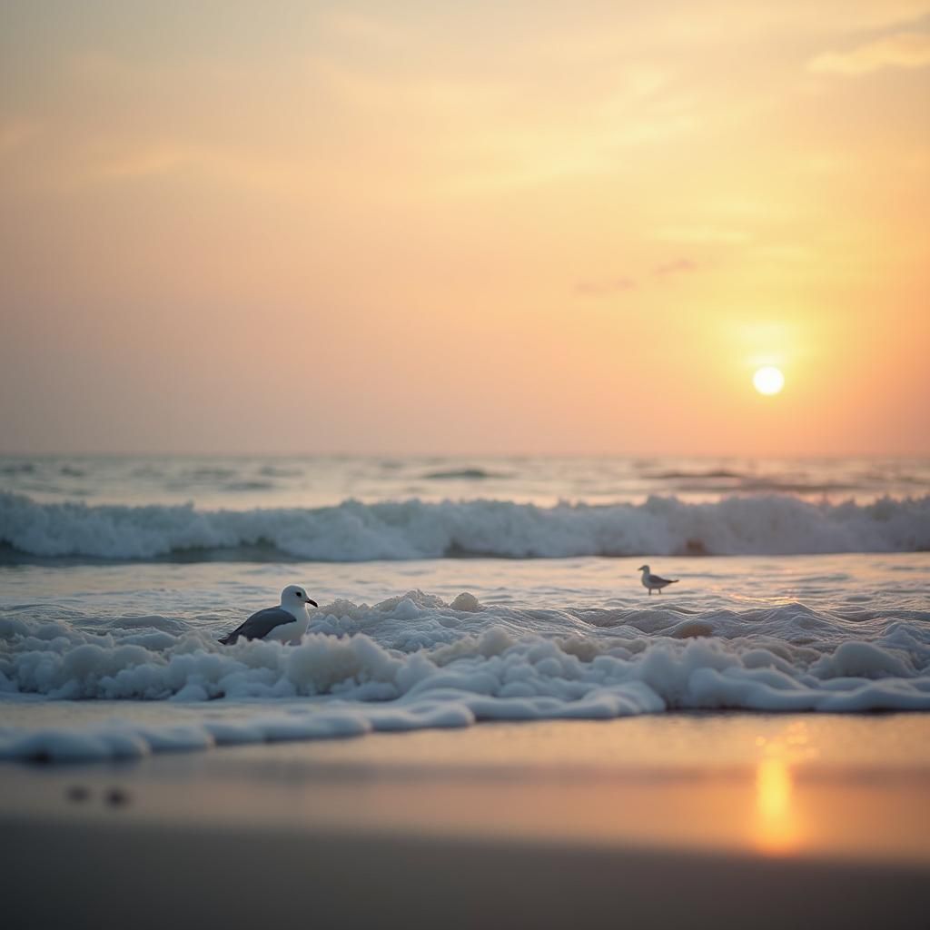 Calm Ocean Sunset with Seagull, Golden Hour Photography