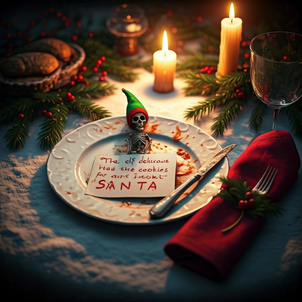 Mysterious Holiday Feast Scene in Whimsical Dark Art Style
