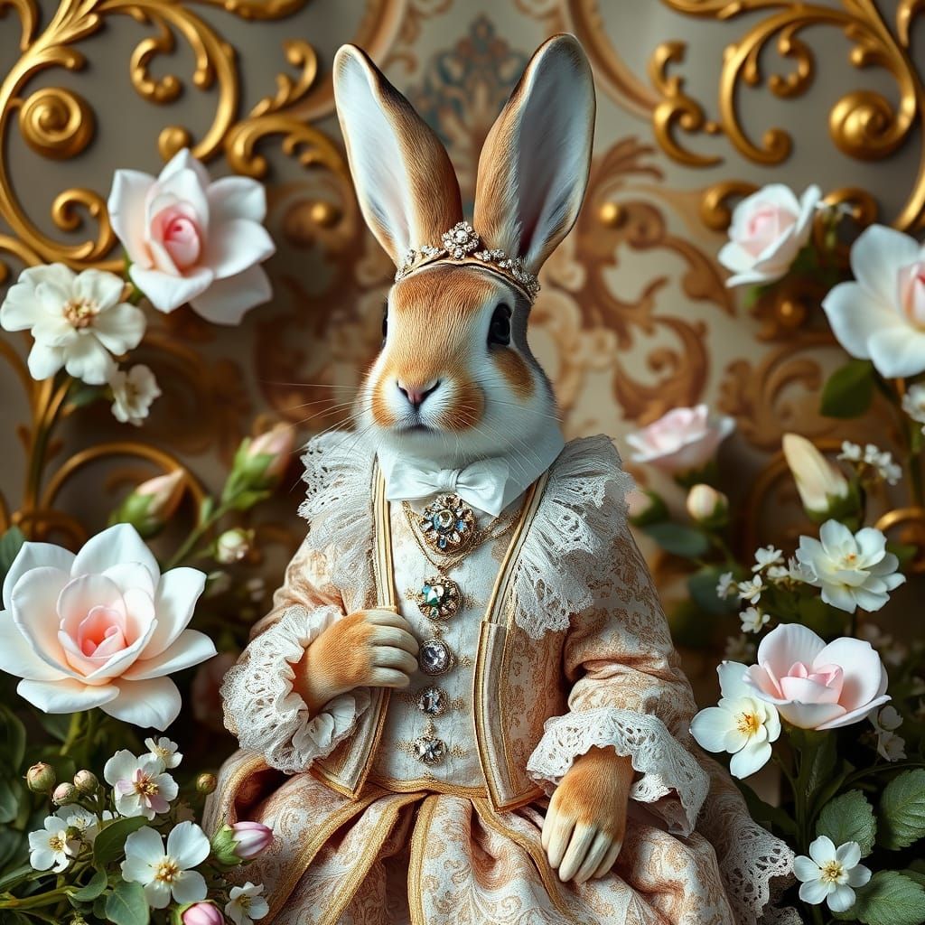 Elegant Easter Bunny in Lavish 18th-Century French Baroque A...