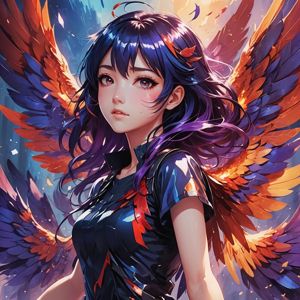 Anime Girl with Wings in Cel-Shaded Style