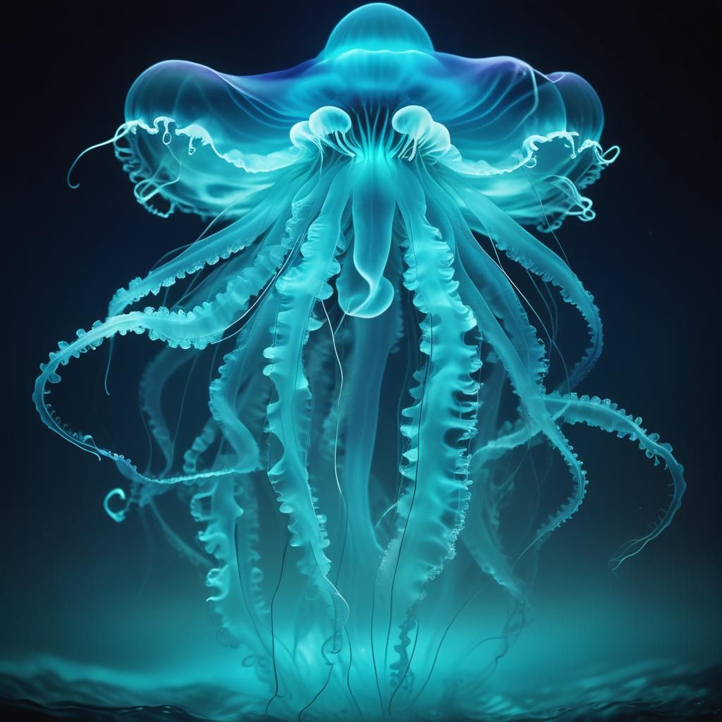 Glowing Bioluminescent Jellyfish in the Deep Sea