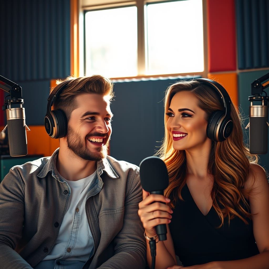 Hyper Realistic Portrait of Happy Podcasters in Colorful Sun...