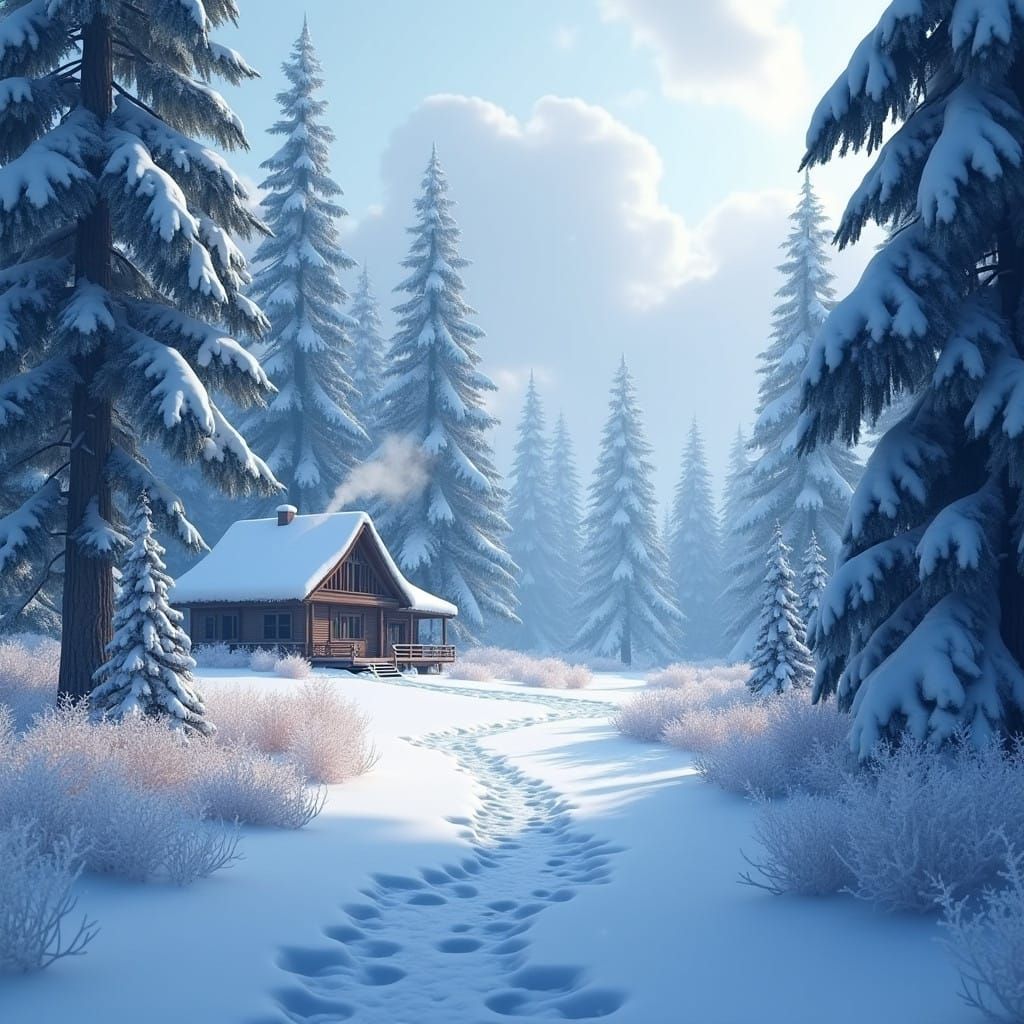 Winter Scene in a Fantasy Setting with a Cozy Cabin