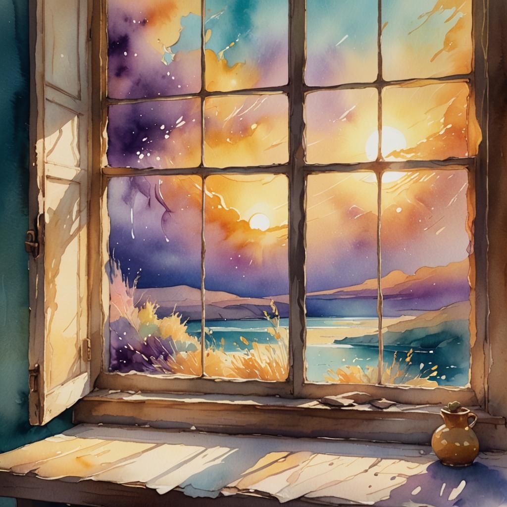 Sunlit Water-Washed Window in Watercolor Concept Art