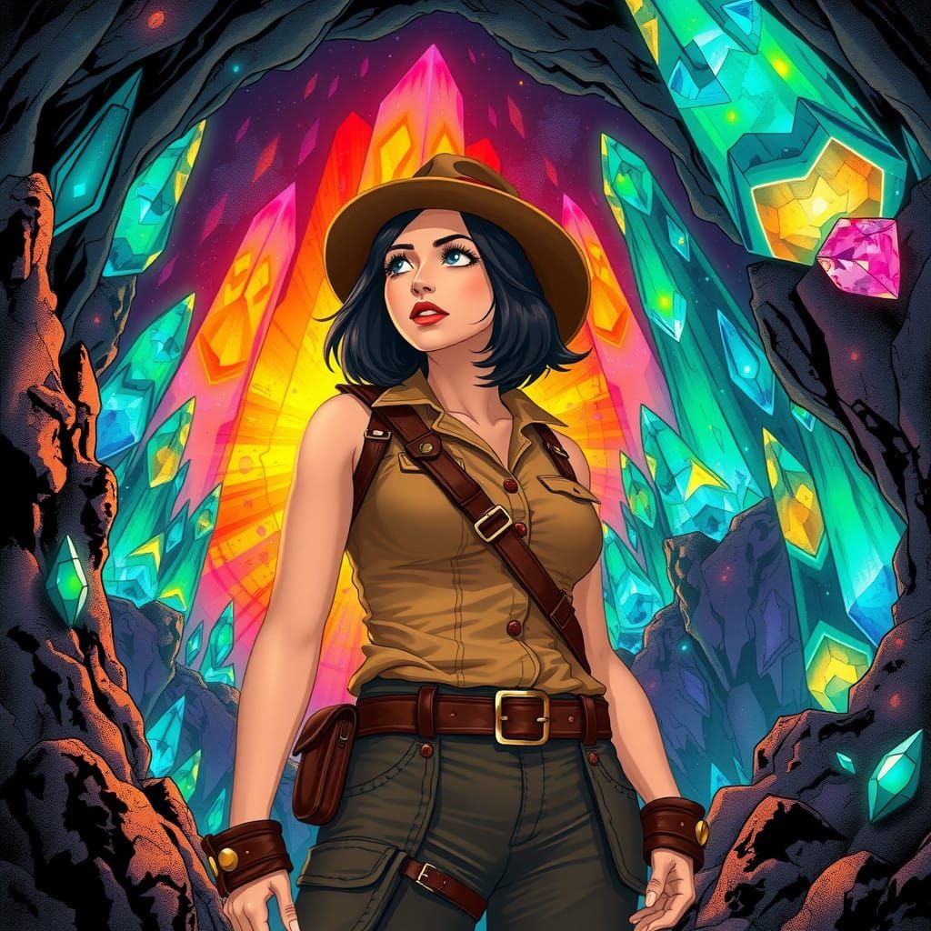 Confident Explorer in Vibrant Cave Illuminated by Glowing Cr...