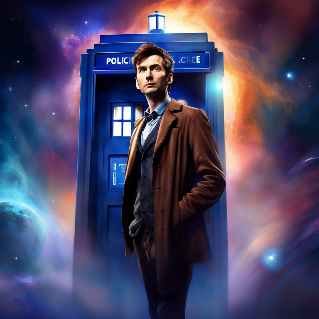 Tenth Doctor and TARDIS in Space Nebula Digital Art