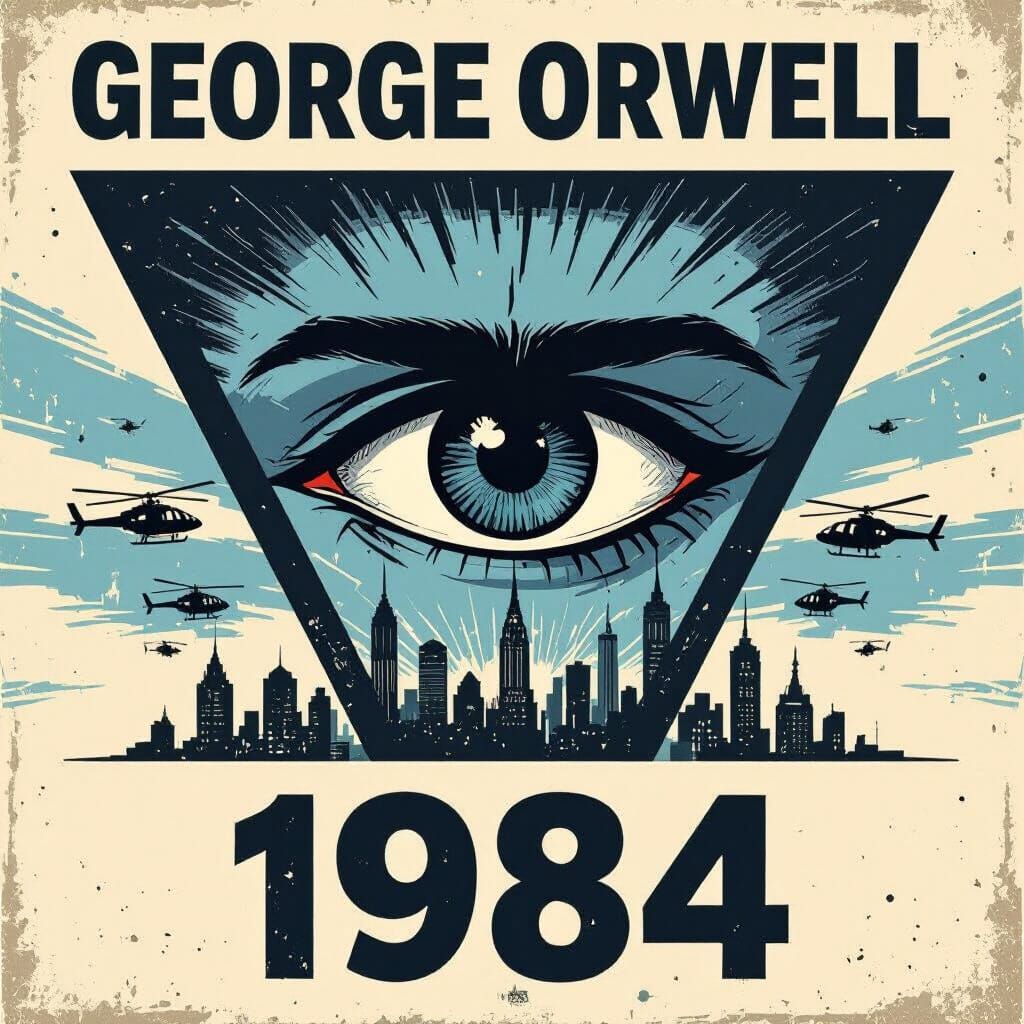 1984 Propaganda Poster with Graphic Eye and Dystopian City