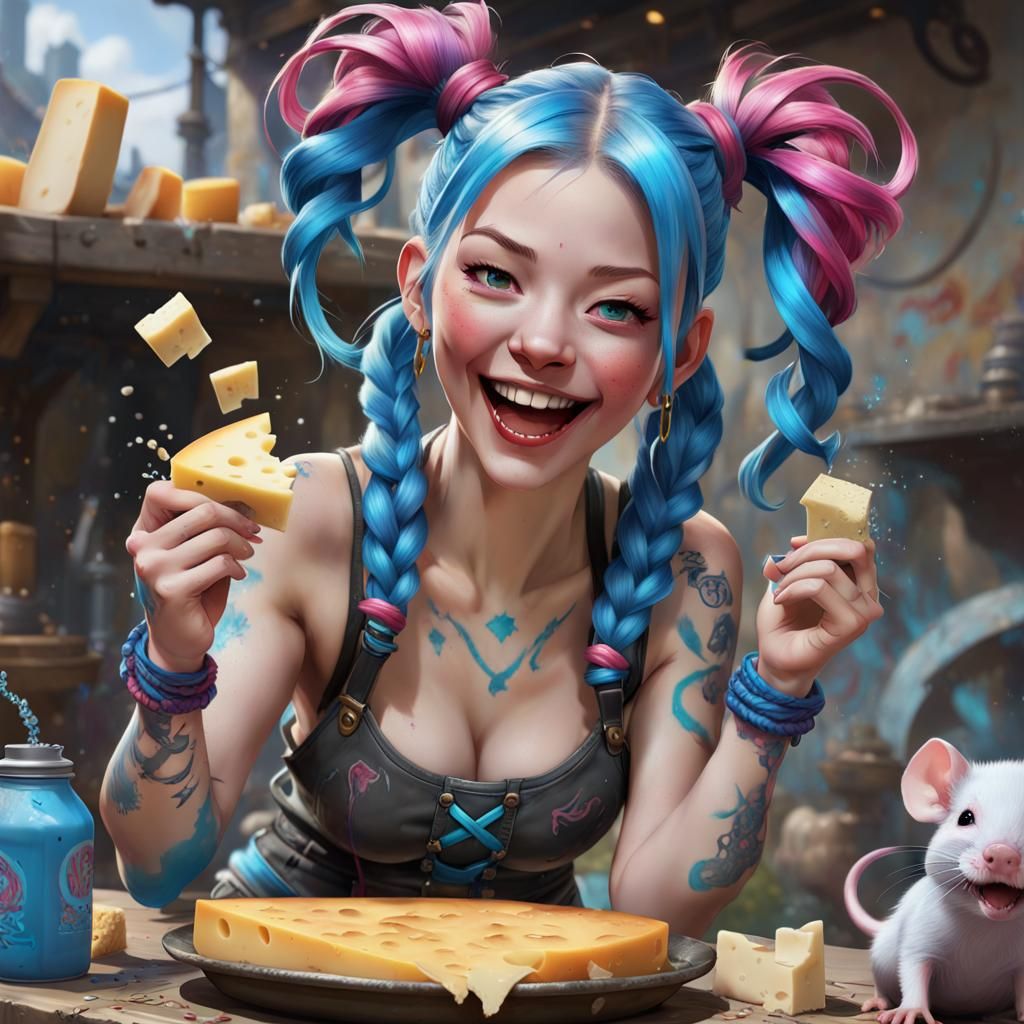 Jinx feeding a mouse some cheese