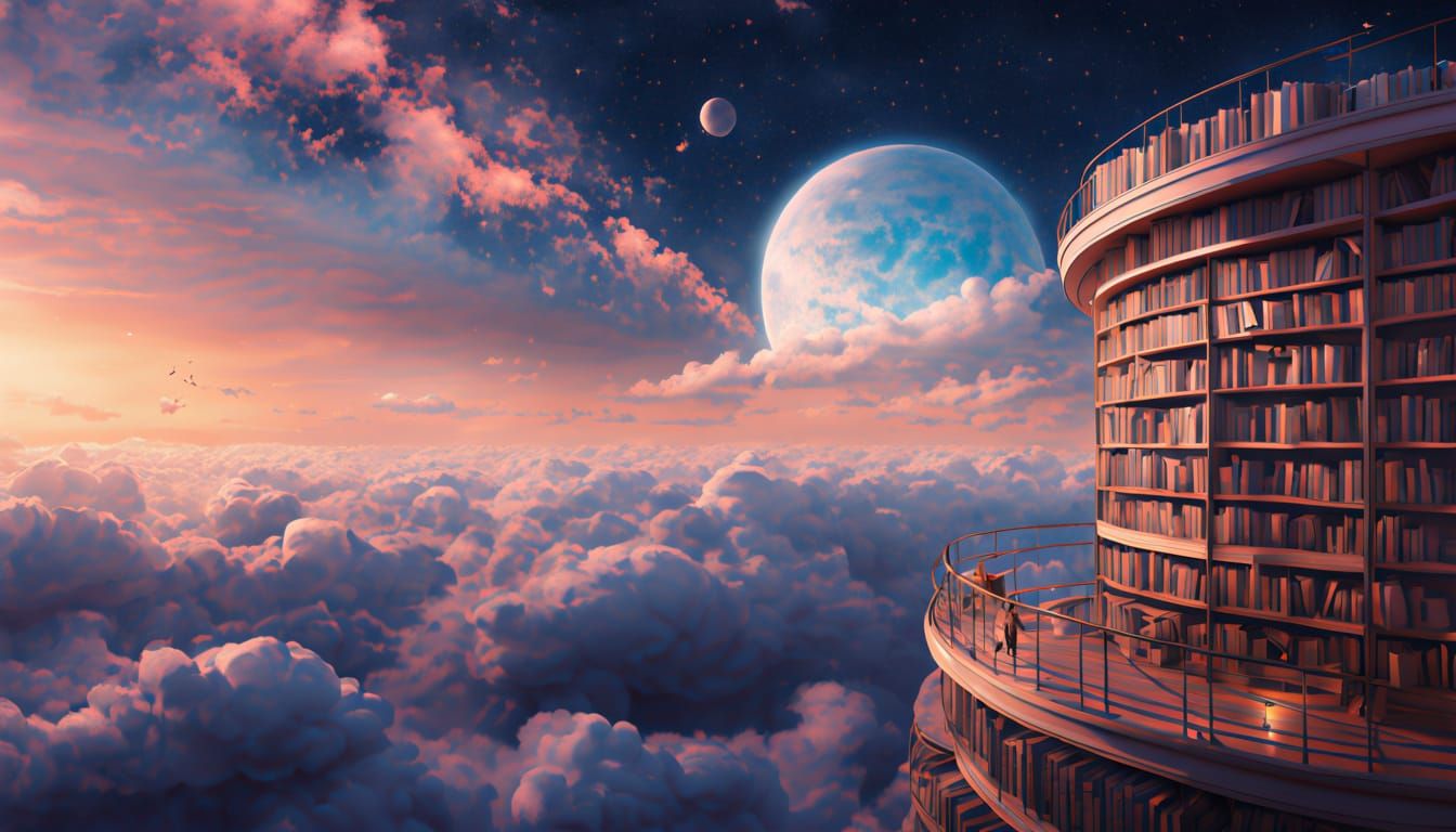 Celestial Library Above Clouds at Sunset
