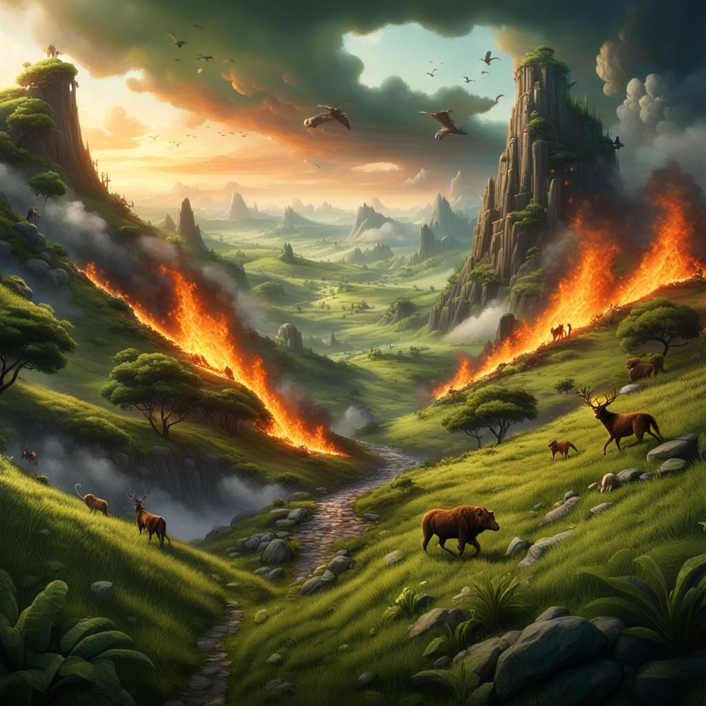 Raging Fire on Green Hills, Matte Painting