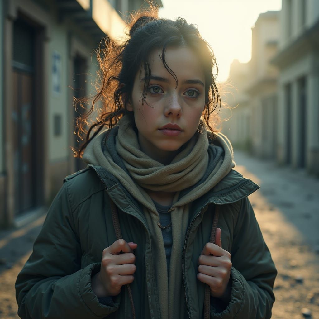 Uma linda jovem garota 20 anos sobrevive em um mundo pós-apocalíptico devastado enquanto segura uma bandeira escrito “SO...