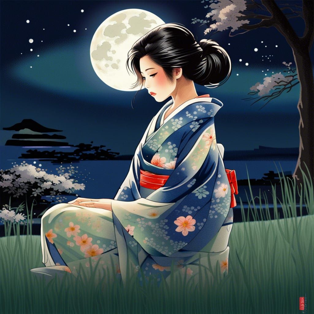 Woman Gazing at Moon in Dark Fantasy Style