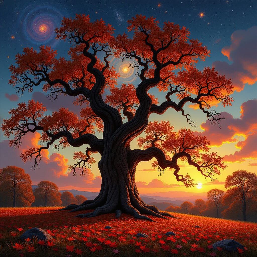 Ancient Oak Tree in Swirling Nebula Sky
