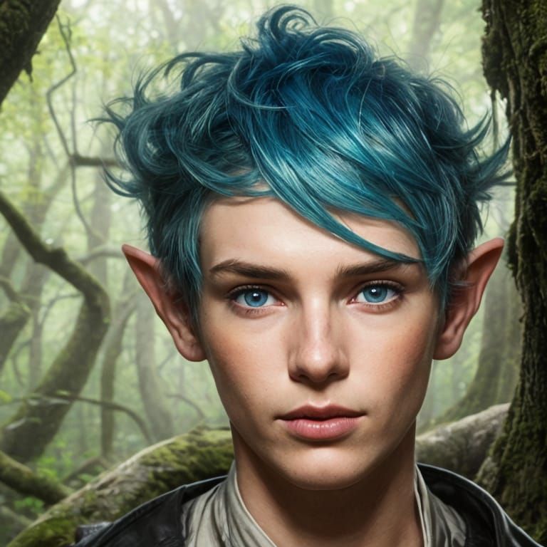 Blue-Haired Elf in Forest, Digital Art