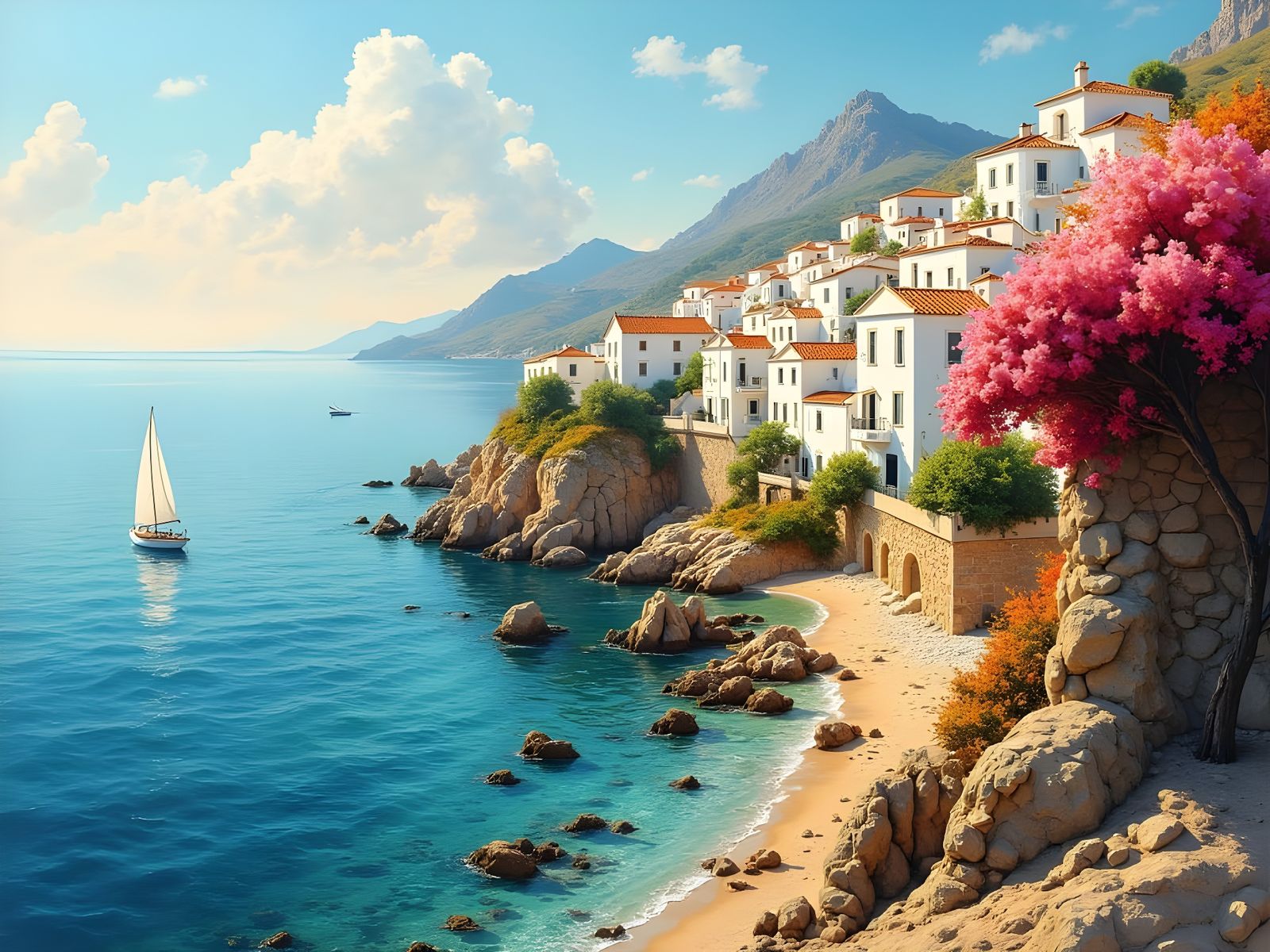Vibrant Mediterranean Coastline at Sunset