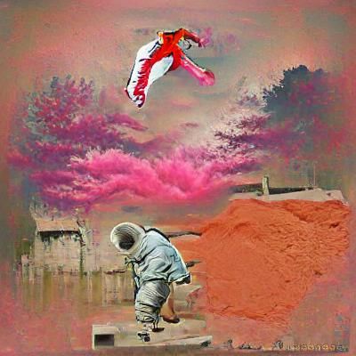Astronaut's Leap Across a Red Sky