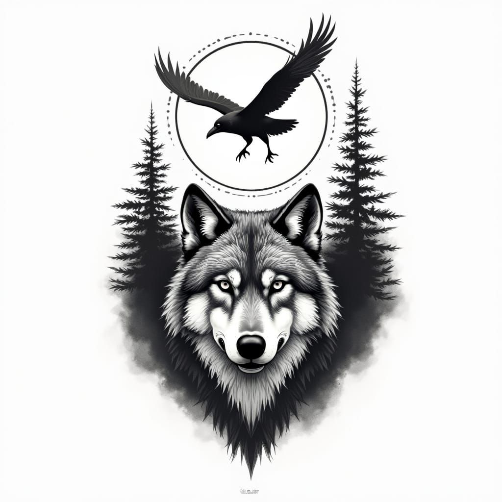Wolf and Raven Tattoo Design in Blackwork Style