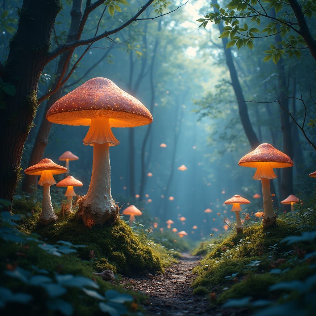 Glowing Mushrooms in a Forest Glade