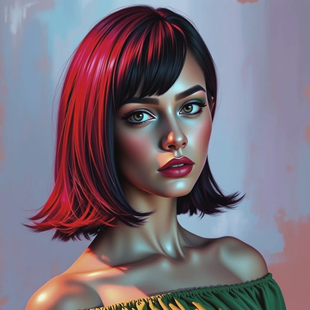 airbrush acrylic art, in the style of eva campner a vibrant painting of a beautiful woman with expressive eyes and bob h...
