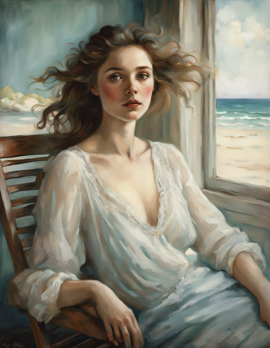 Serene Woman on Weathered Veranda by the Sea in Impressionis...