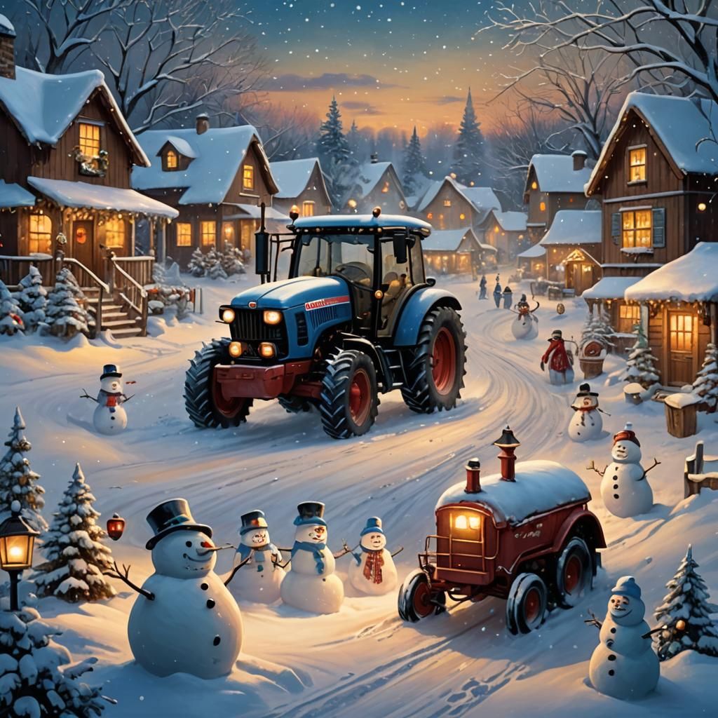 Christmas Village Scene with Case IH Tractor