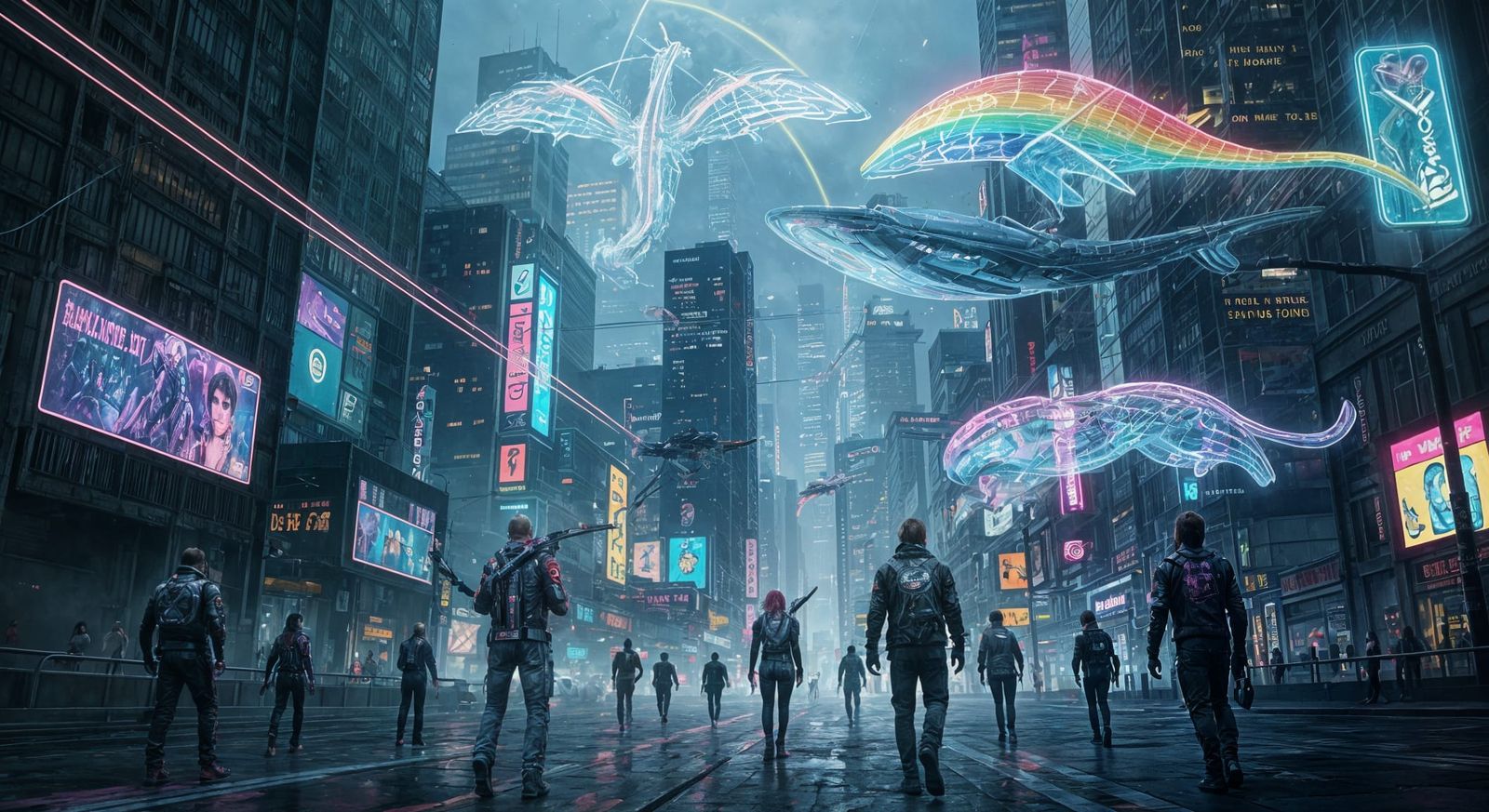 Holographic Animals in a Cyberpunk Cityscape