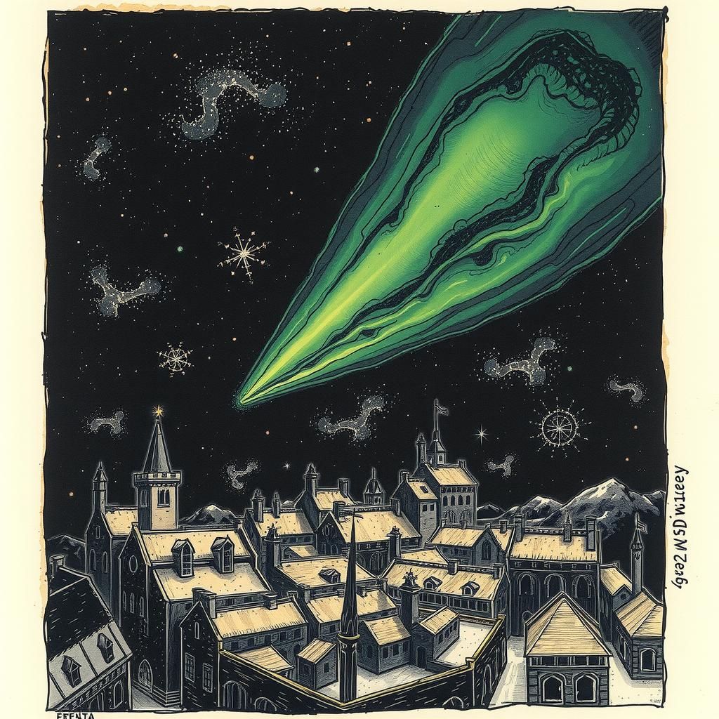 Green Comet Over Medieval City in Renaissance Style