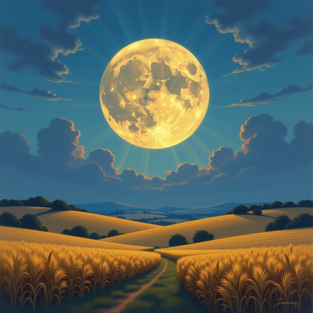 Harvest Moon Oil Painting with Detailed Brushstrokes