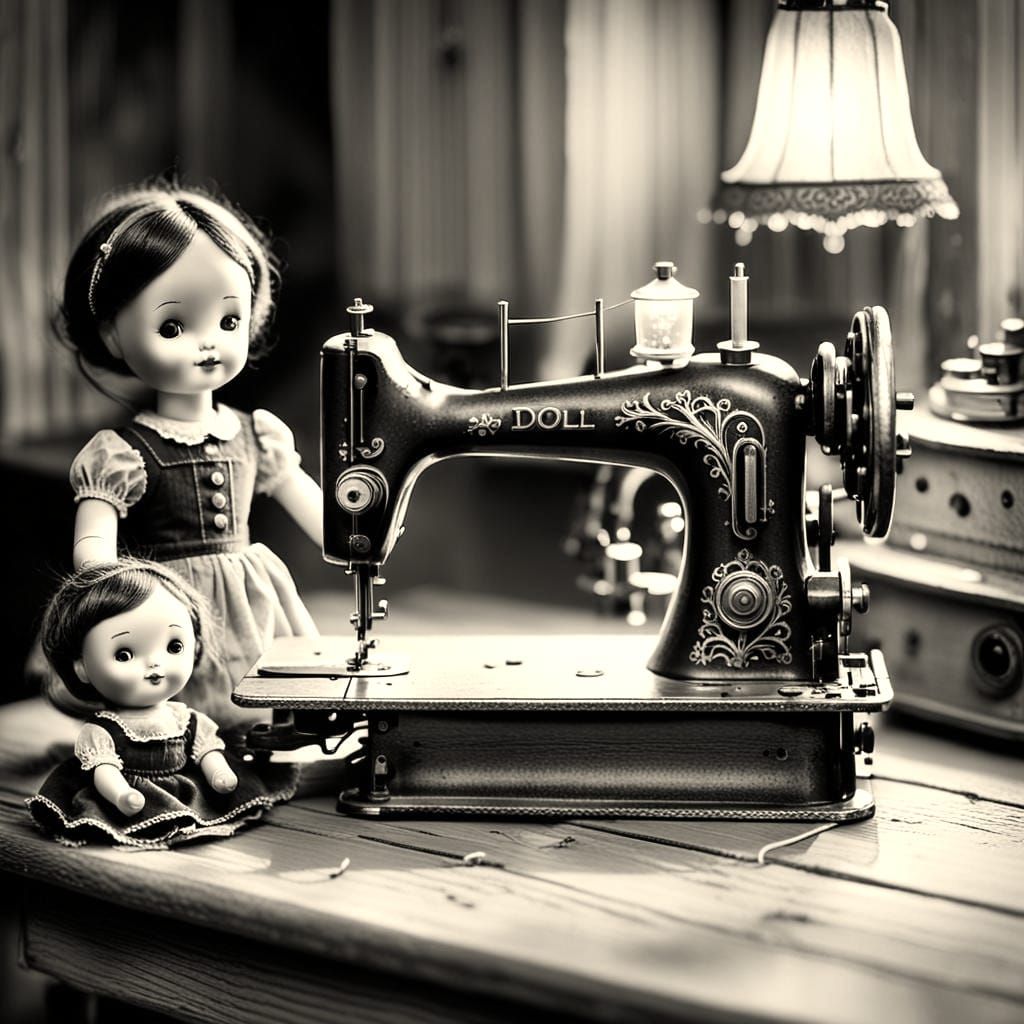 Vintage Sewing Machine and Doll in Sepia