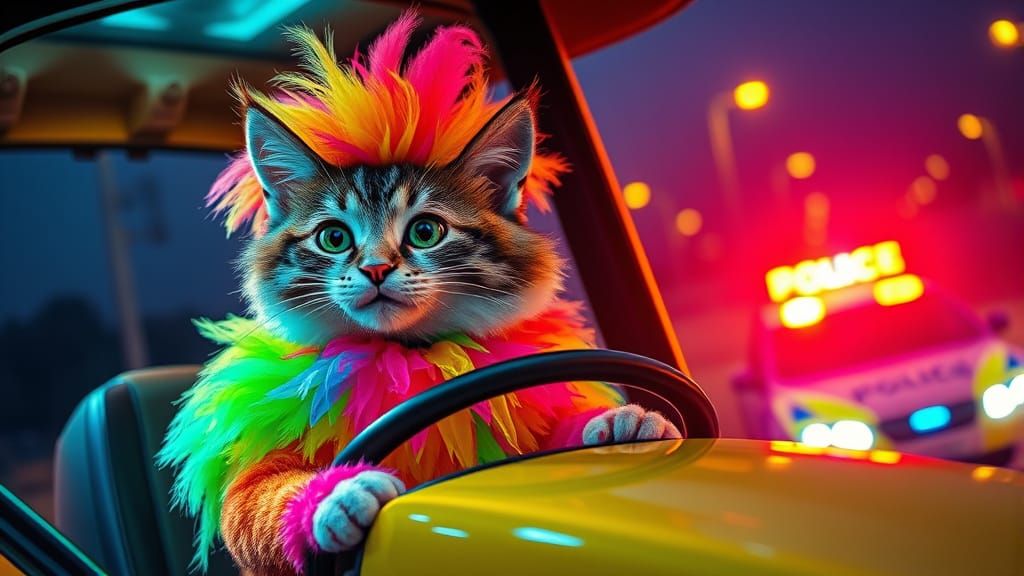 Cat in Clown Suit Drives Tractor, Police Car Approaches