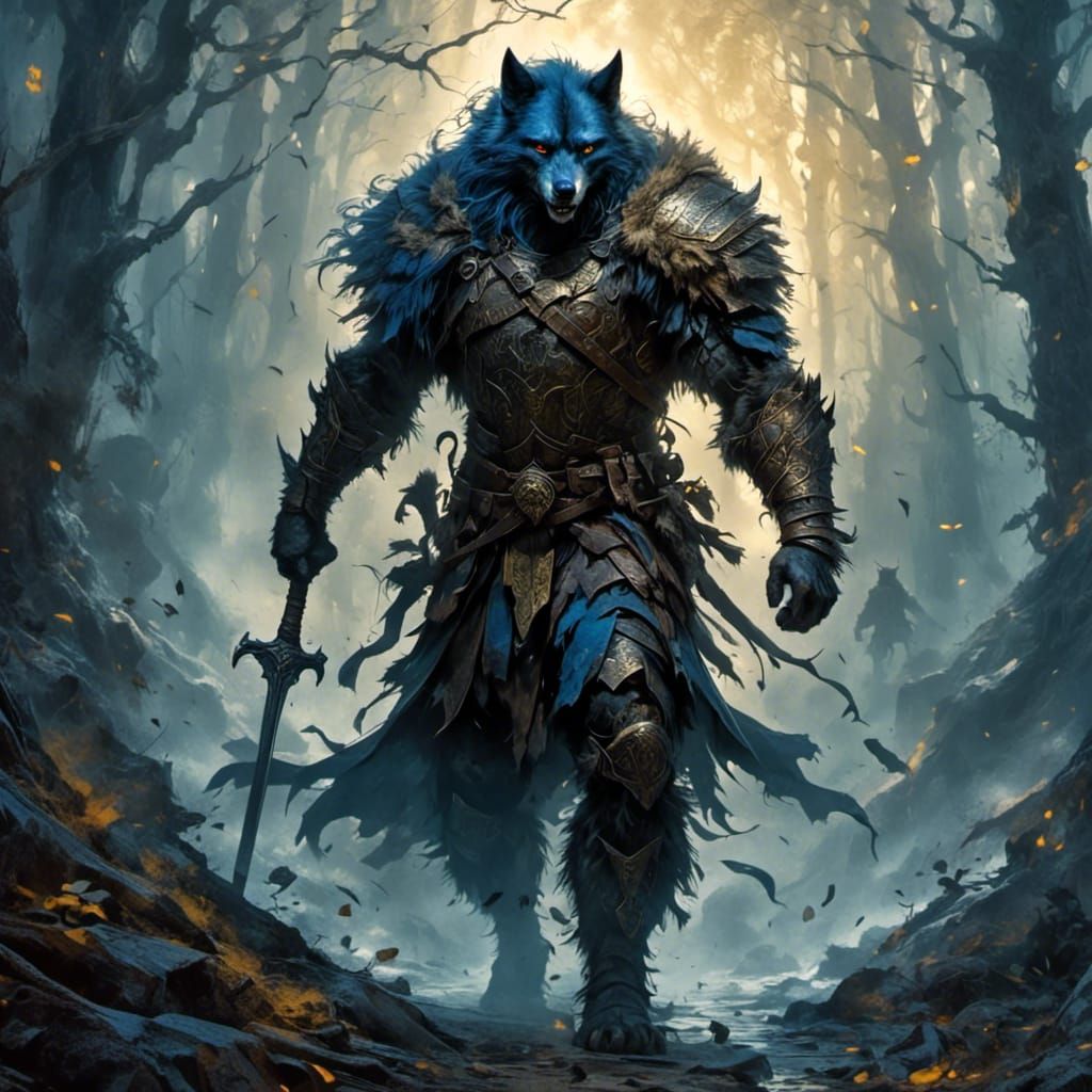 Werewolf Knight in Misty Forest: Dark Fantasy Art