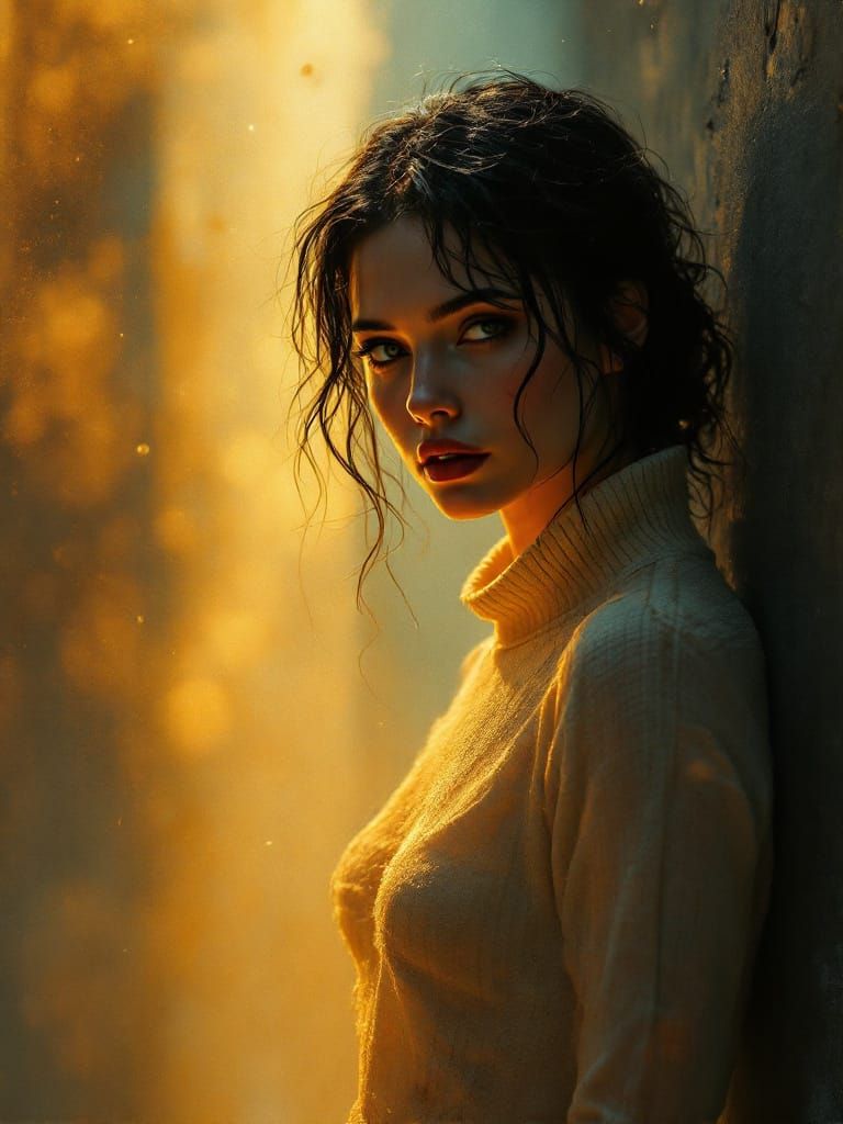 Pin-Up Woman in Amber Mist: Romantic Sublime Style