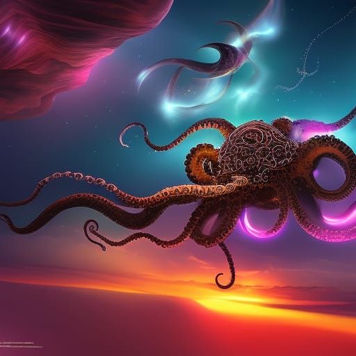 Octopus Swims Through Galaxy in Surreal Gothic Art